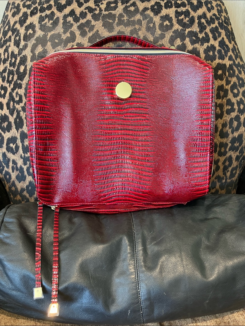 Estée Lauder Red Faux Lizard Cosmetic Bag with Gold Accent